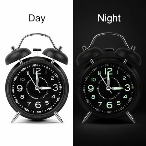 Image of JASIFS Analog Alarm Clock for Heavy Sleepers Loud Clock for Adults, Metal 4 Inches Twin Bell Table Clock with Backlight Alarm Clocks for Students Decoration Bedroom /Office (Metal Black Luminous)