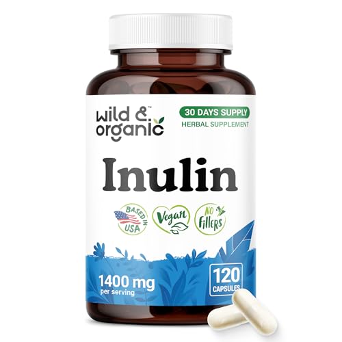 Wild & Organic Inulin Capsules 1400 mg - Digestive & Gut Support - Inulin Prebiotic Fiber Powder Supplement - Chicory Root Derived - Vegan No Fillers Non-GMO - 120 Count