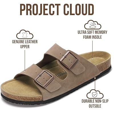 Project Cloud 100% Genuine Leather Mens Sandals - Memory Foam Insole & Cork Footbed Slides for Men Footwear - Non-Slip Summer Sandals for Men & Lightweight Mens Slides (Heritage)