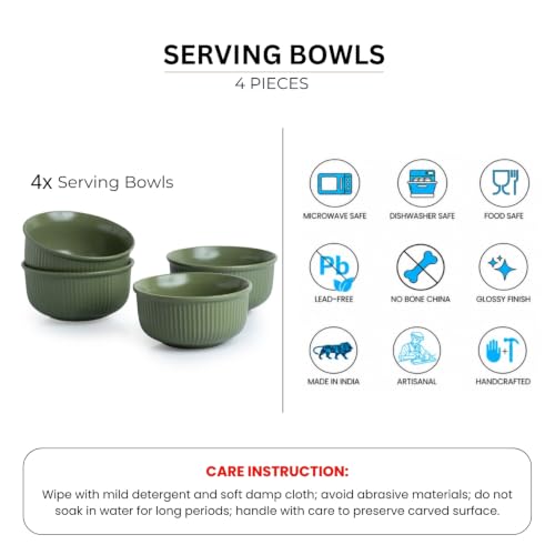 Image of ExclusiveLane 'Sage Ribbed' Hand Glazed Ceramic Bowls for Serving Bowl Set (Set of 4, 480 ml, Microwave Safe, Dishwasher Safe, Green) | Kitchen Bowl Ceramic Serving Bowls for Snacks Serveware