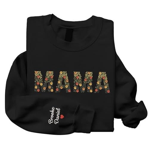 GODMERCH Custom Floral Embroidered Sweatshirt, Personalized Name on Sleeve, Gift for Grandma, Mom, Nana, Mimi, Christmas