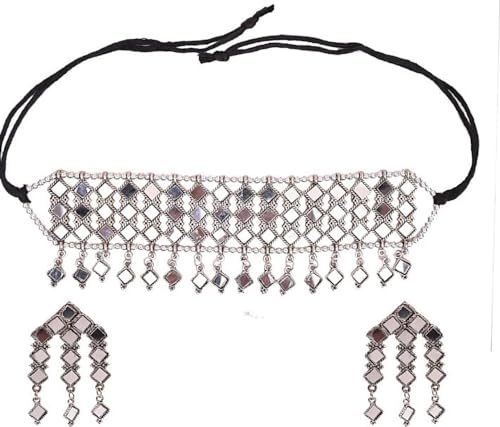 Oxidized Silver Bollywood Style Mirror Choker Fashion Jewelry Necklace Set For Women - Image 3