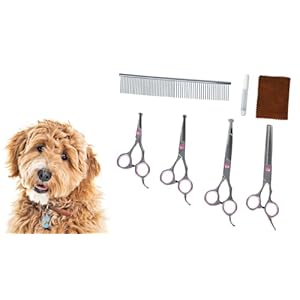 Dog Grooming Scissors Kit - 4CR13 Steel Grooming Scissors for Dogs - Extra Sharp Dog Grooming Kit w/Size Variations - Comfortable Finger Rings - Dog Grooming Supplies Includes 4 Scissors & 1 Comb Dog Grooming Scissors Kit 4CR13 Steel Grooming Scissors for Dogs Extra Sharp Dog Grooming Kit wSize Variations Comfortable Finger Rings Dog Grooming Supplies Includes 4 Scissors 1 Comb