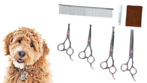 Dog-Grooming-Scissors-Kit-4CR13-Steel-Grooming-Scissors-for-Dogs-Extra-Sharp-Dog-Grooming-Kit-wSize-Variations-Comfortable-Finger-Rings-Dog-Grooming-Supplies-Includes-4-Scissors-1-Comb Dog Grooming Scissors Kit 4CR13 Steel Grooming Scissors for Dogs Extra Sharp Dog Grooming Kit wSize Variations Comfortable Finger Rings Dog Grooming Supplies Includes 4 Scissors 1 Comb