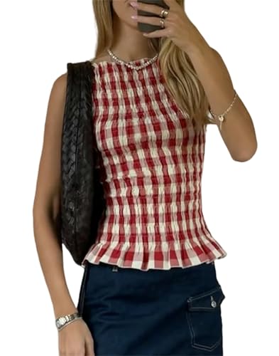 Women Shirred Tank Top Summer Smocked Tops Sleeveless Ruffle Hem Graphic Pleated Shirt Y2k Going Out Vacation Tops