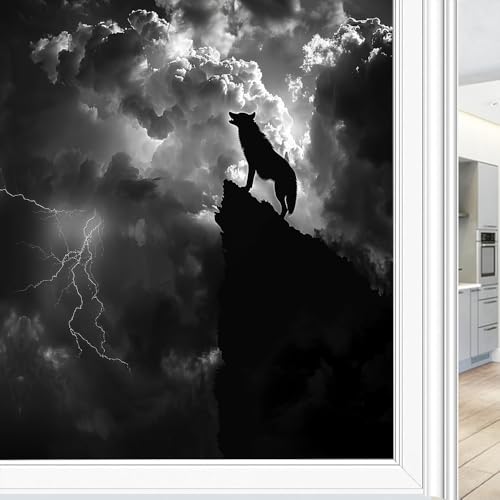 Rustique Cliffs Wolf Vitrail Film autocollant statique pour fenêtre Motif loup hurlant abstrait rétro décoratif en verre dépoli Contrôle de la chaleur 45 x 60 cm