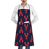 Lobsters Red On Navy Aprons Women Men With Pocket Washable Anti-Stain Kitchen Chef Bib Apron For...