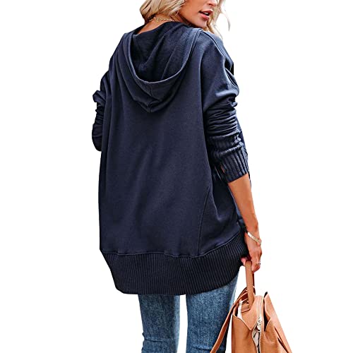 Nqgsntc Women Casual Henley Henley Hoodie Hooded Oversize V Neck Long Sleeve Button Down Pullover Sweatshirt With Hood Plus Size Navy Blue Xxl #TOP3