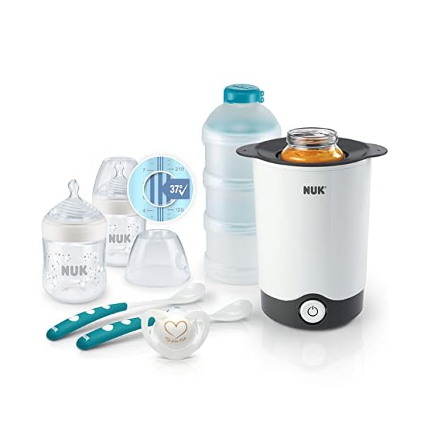 NUK Nature Sense Perfect Starter Babyflaschen Set | 2 (150 ml, 0-6M) Anti-Kolik Flasche mit Temperature Control Anzeige, Schnuller, Flaschenwärmer, 2 Fütterlöffel & Milchpulverportionierer | 7 Stück