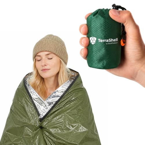 TerraShell Emergency Sleeping Bag Survival Bivy Sack with Built-in Whistle Waterproof Thermal Mylar Blanket Compact Lightweight Emergency Gear for Hiking Camping and Outdoor First Aid Kit