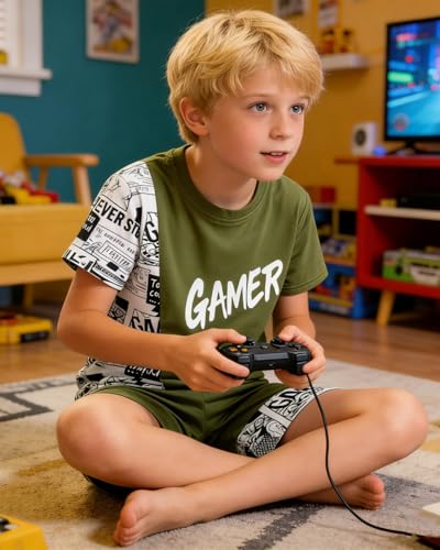 Image of OLMRJKD Boys 2 Piece Outfits Short Sleeve Colorblock T-shirt and Shorts Summer Casual Clothes for 6-12 Years