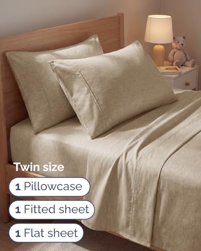 Image of Twin 4 Piece Bed Sheet Set - Breathable & Cooling Sheets - Heathered Beige