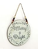 Wood and Metal Round Christmas Wall Hanging Sign with Wooden Beads Decorations,Merry and Bright