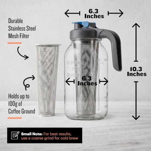 Image of Cold Brew Mason Jar Coffee Maker with Handle by County Line Kitchen - 2 Quart, 64 oz - Durable Glass Jar, Heavy Duty Stainless Steel Filter, Flip Cap Lid With Handle For Easy Pouring | Glass Cold Brew Coffee Maker - Wide Mouth Mason Jar, Stainless Steel Filter & Leak-Proof Lid (64 oz)