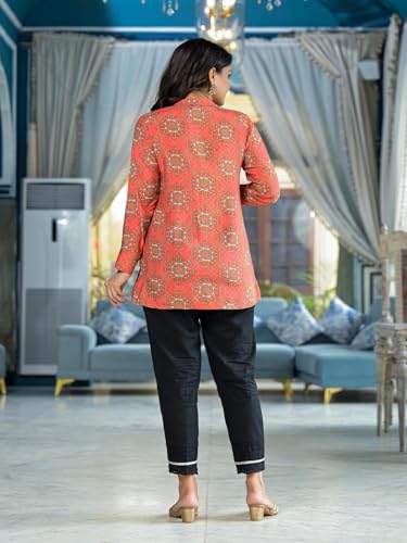 Image of Juniper Orange Ethnic Motif Printed Viscose Tunic with Buttons Detailing