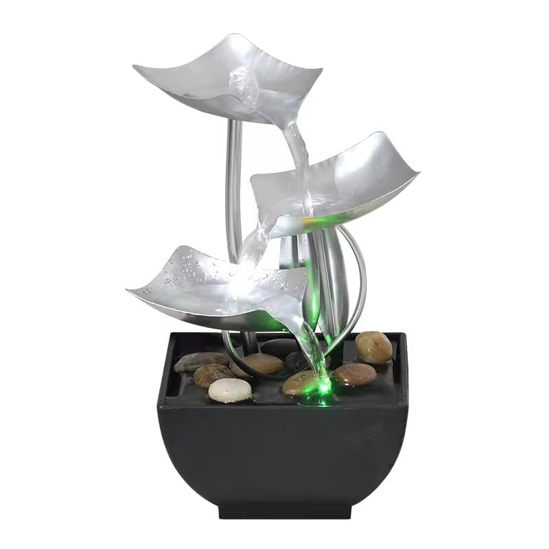 Silver Leaf Tabletop Water Fountain | 3 Layer Indoor Waterfall Fountain | LED Light Desktop | Automatic Water Pump | Natural River Rocks Included | Home Office Bedroom Living Room Meditation Decor-image-26