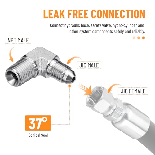 Image of 5 Pack 90 Degree Elbow Hydraulic Adapter Fittings: 1 /4 inch JIC Male x 1 /4 inch NPT Male, with Protection Cover Hydraulic Hose Crimp Connectors | 5 Pack Carbon Steel Hydraulic Hose Crimp Connectors with Protective Covers for Hydraulic Applications - 2501-04-04