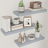Grey Floating Shelves for Wall, Solid Wood Wall Mounted Shelves Set of 3, Modern Grey Wood Shelves for Wall Decor Storage Bedroom Living Room Bathroom Kitchen - Grey