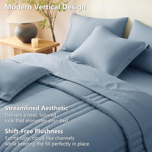 CozyLux Queen Comforter Set Grayish Blue - 7 Pieces Bed in a Bag, Modern Vertical Quilted Room Decor, Soft All-Season Bedding Gift with Comforter, Sheets, Pillowcases & Shams by CozyLux - Image 4