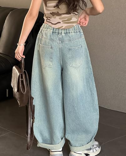 Girls Baggy Jeans High Waisted Bucket Jeans Elastic Waist Wide Leg Denim Pants with Classic Pockets Cute Trouser2