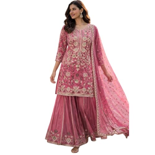 Image of Anveri Women's Pink Embroidered Kurta with Sharara and Dupatta Set | wedding | party | festival