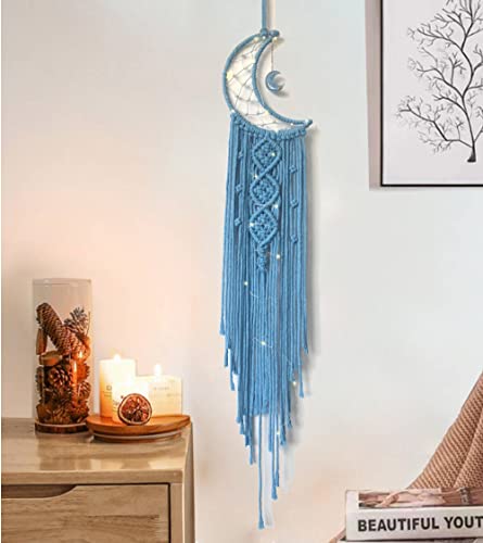 Dream Catchers Moon Dream Catcher with Light, Blue Dream Catcher for Girls Room Wall Decor for Women, Macrame Dreamcatcher Boho Bedroom Decor for Teen Girls Boys for Mom Room Decor