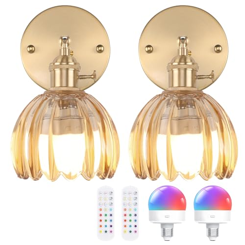 Image of Shenmoyl Vintage Battery Operated Wall Sconce with Cute Amber Tulip Glass Lampshade Wireless Rechargeable Battery Powered Wall Light with Remote Control for Bedside Bedroom Doorway, Set of 2