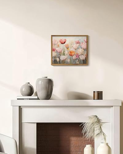 Image of KISSFOX Framed Wall Art Vintage Wall Decor Tulips Canvas Art Floral Pictures Colorful Paintings Flower Artwork Aesthetic Prints For Bedroom Kitchen