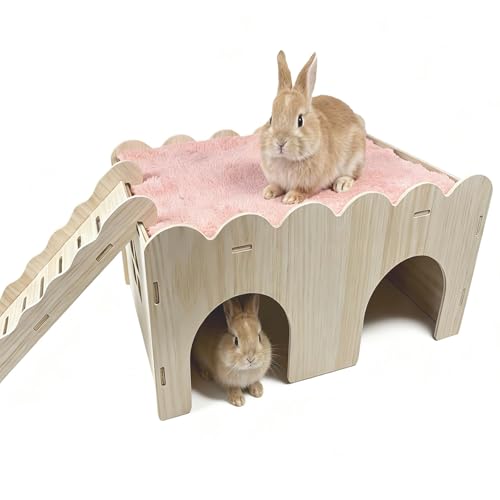 Jwizyotr Bunny Hideout Castle Wooden Guinea Pig House Small Rabbit Hideaway with Ladder for Chinchilla Hedgehog Rat