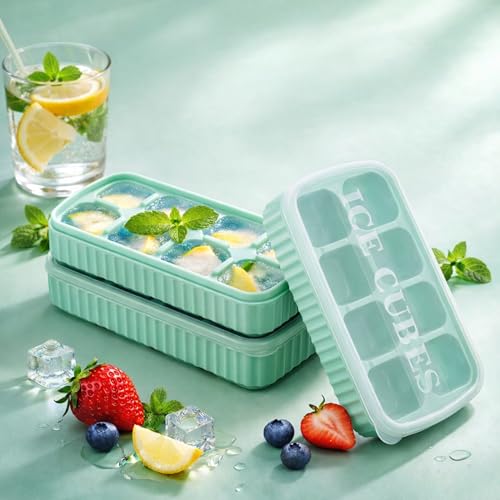 BIDFUL [3 Pack] Green Ice Cube Tray with Lids, 2-Inch Large Silicone Flexible 8-Cavity Ice Maker Molds for Whiskey & Cocktails, Easy-Release Reusable Ice Cubes, BPA-Free