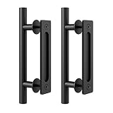 FaithLand 12" Heavy Duty Pull and Flush Door Handle Set in Black, Sliding Barn Door Handle - Fit Doo