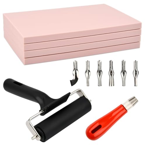 FOCCTS 12 Pack Linoleum Blocks for Printmaking with Cutter Tools, Pink Rubber Carving Blocks Linoleum Block Stamp Making Kit for DIY Printmaking, Printing and More Crafts