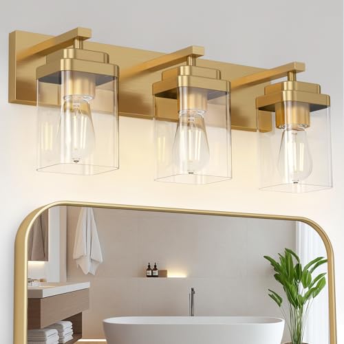 Image of Brushed Gold Bathroom Light Fixtures, 3 Lights Bathroom Lighting Fixtures Over Mirror, Square Design & Rectangle Large Backplate, Modern Vanity Lighting Fixtures, for Living Room /Bedroom