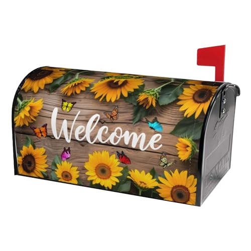 Image of Mailbox Covers Magnetic Standard Size,Sunflowers Butterfly on Rustic Wooden Board Spring Summer Welcome Magnetic Mailbox Covers for Holiday Garden Yard Outside Decor 18 inchx21 inch