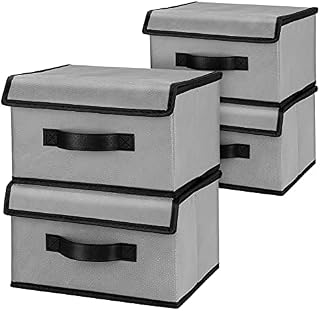 wsryx 4 Pack Storage Boxes with Lids, Foldable Fabric Organiser Containers Boxes with Handle Large Storage Bins for Toys, Clothes, Towels, Books (GREY)