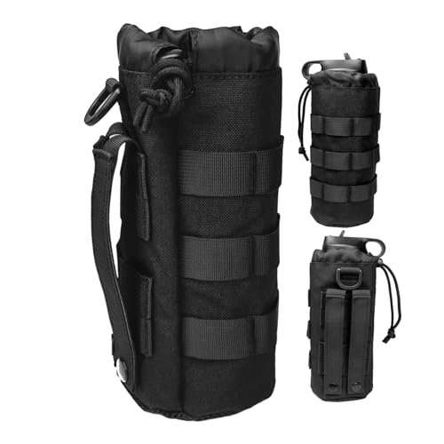 Fyelo Tactical MOLLE Bottle Pouch Bag, Travel/Sprots Molle Water Bottle Holder with Drawstring Open Top and Mesh Bottom - Black
