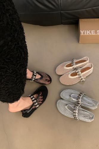 ZQW Woven Mesh Ballet Flats for Women Rhinestone Low Heel Flats Slip-On Cute Dressy Shoes Day Night Summer Outfits3