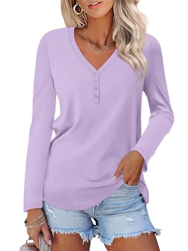 Minetom Women's Long Sleeve V Neck T Shirts Henley Tops Casual Shirts Blouses Purple