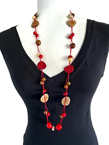 Collar tagua rojo marron beige juego de pendientes organicos 2