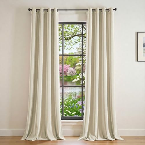 Image of Extra Long Beige Velvet Curtains Grommet 52x108 Inch 2 Panels | Room Darkening, For Tall Windows & High Ceilings, Light Shifting Texture, Elegant Drape, Cozy Ambiance, Smooth Glide
