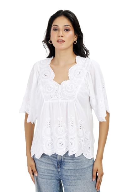 Manvi Creatives Luna Schiffli Blouse for Women | Elegant White Embroidered Schiffli Top | Lightweight Breathable Cotton Blouse | Chic Casual & Office Wear-picture-53