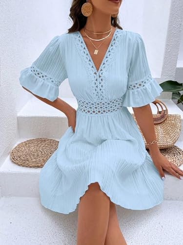 Image of Womens Summer Dresses V-Neck Lace Insert Flounce Casual Lightweight Sleeve Midi Dresses for Women 2025 Trendy