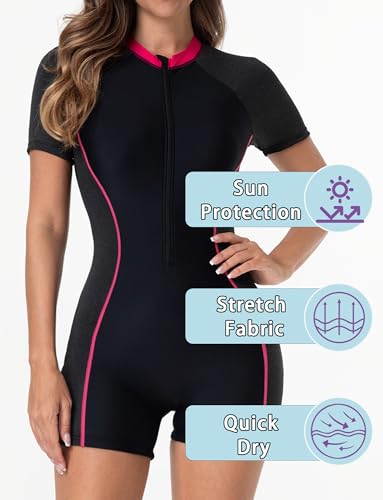 FEOYA Women's One Piece Short Sleeve Swimsuit Rash Guard Bathing Suit Boyleg Bottom UPF 50+ Surfing Swimwear3