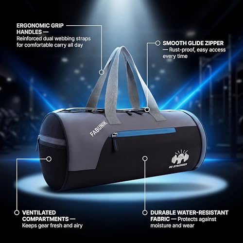 Image of Quicknik Gym Bags for Men Compact Sports Duffle for Women Unisex Duffle Bag | Unisex Duffle Bag for Gym, Travel & Sports | 22L | Black, Blue & Grey