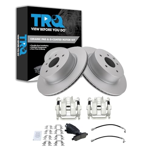 Image of TRQ Rear Brake Pad and Rotor Set Ceramic Coated Rotors Calipers Compatible with 2005-2007 Infiniti G35 2006-2008 Nissan 350Z
