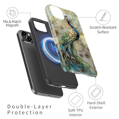 Image of Goodon for iPhone 15 Plus Case Cute - Wireless Charging Compatible - Dual-Layer Hard Shell + Silicone Cover - Protective Phone Case with Trendy Designs for Women - Peacock and Flower