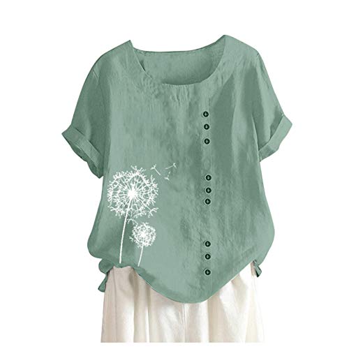 Blusa de algodón y lino para mujer con cuello en V botón de manga larga Tops Color de gran tamaño barato casual algodón lino camisa lisa suelta y transpirable día de la madre camisetas, D-verde., XL