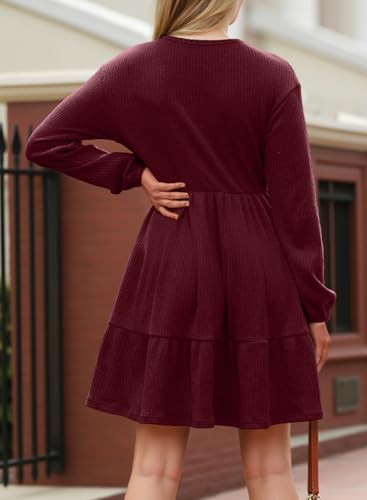 Dokotoo Fall Dresses for Women 2025 Long Sleeve V Neck Lightweight Ribbed Knit Empire Waist Casual A Line Swing Mini Dress - Image 3