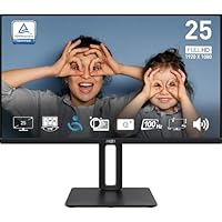 MSI PRO MP251P 24.5" Eye Care Ergonomic Height Adjustable Business Monitor, FHD 1920x1080, IPS, Frameless, 100Hz, 1ms, HDMI, VGA Port, Built-in Speakers, VESA, Black, 3 Year Warranty