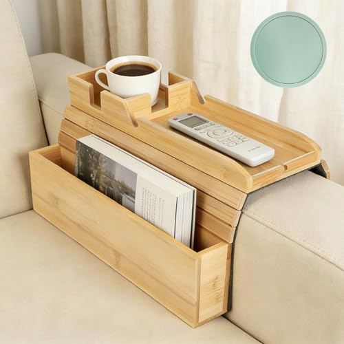 Bamboo Foldable Couch Arm Tray Storage Caddy for Drinks Phones Snacks